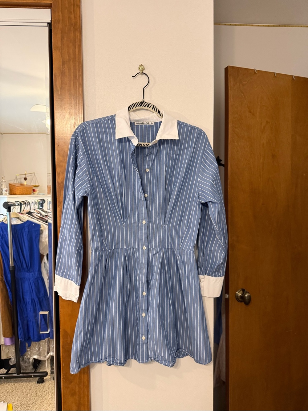 Abercrombie & Fitch Blue Pinstripe Shirt Dress with White Collar
